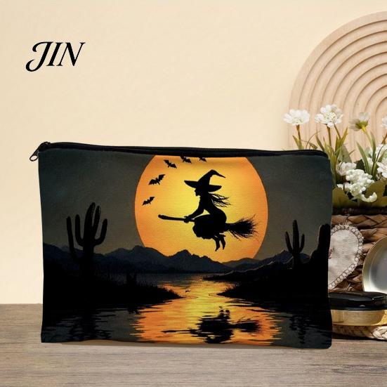 Thick Fabric Storage Bag Bag, with Halloween Pattern Printed, Smooth Zipper Themed Organizer Canvas Makeup Large Capacity Travel Cosmetic Pouch