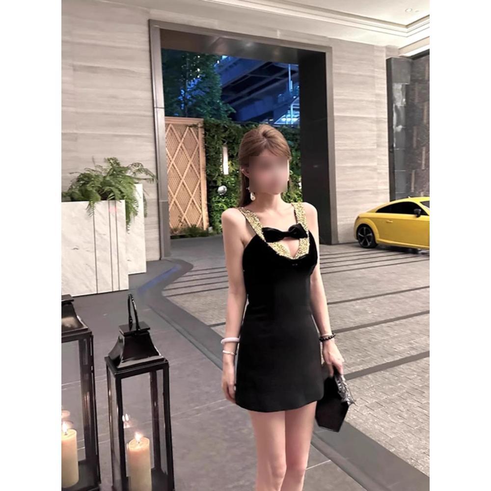 

Contrasting color bow dress women s summer V-neck waist hip skirt thousand gold dress short skirt XL- (recommended 110-60kg)