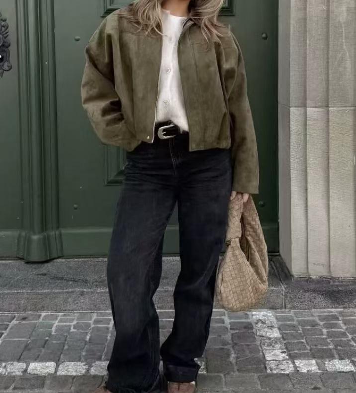 European and American Women's Batwing Sleeve Zipper Casual Suede Jacket