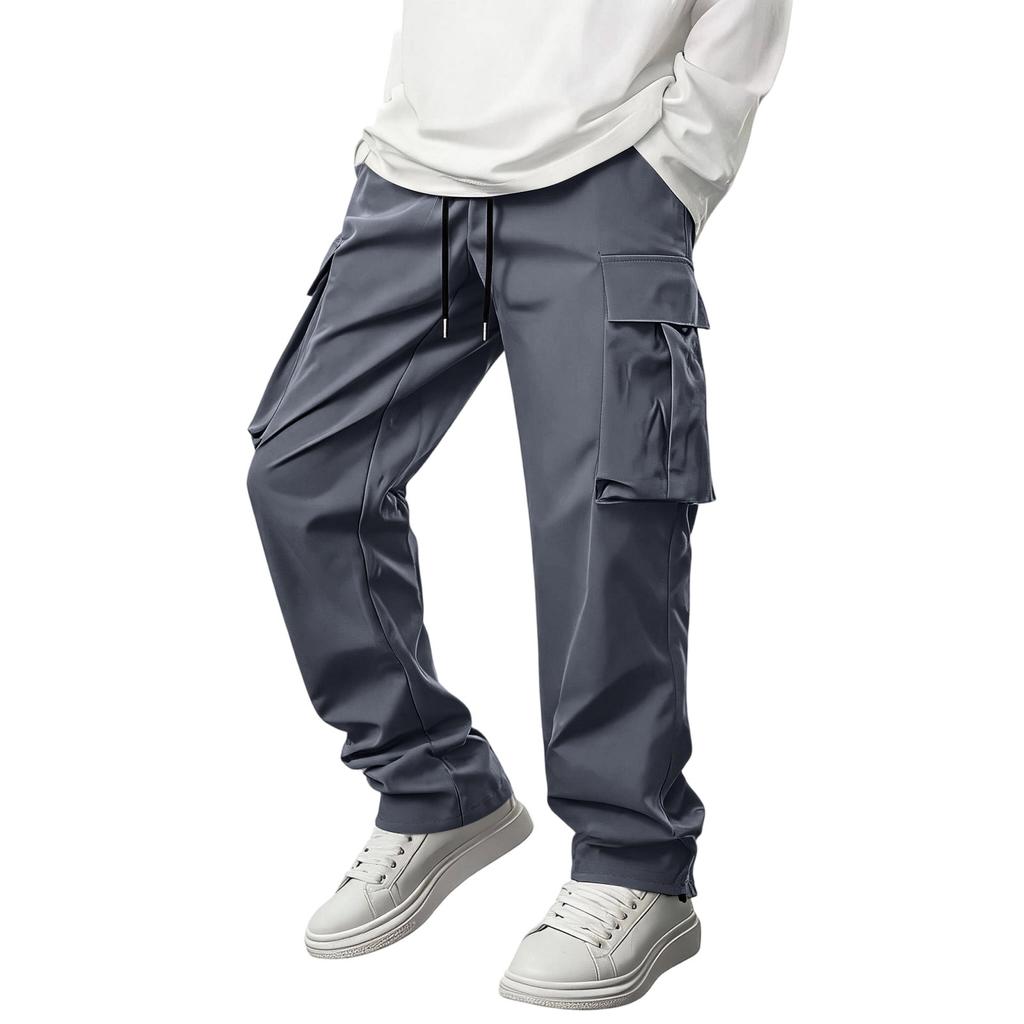 Men Casual Slim Fit Straight Leg Outdoor Multi Pocket Cargo Pants Lightweight Breathable Drawstring Waist Long Trousers