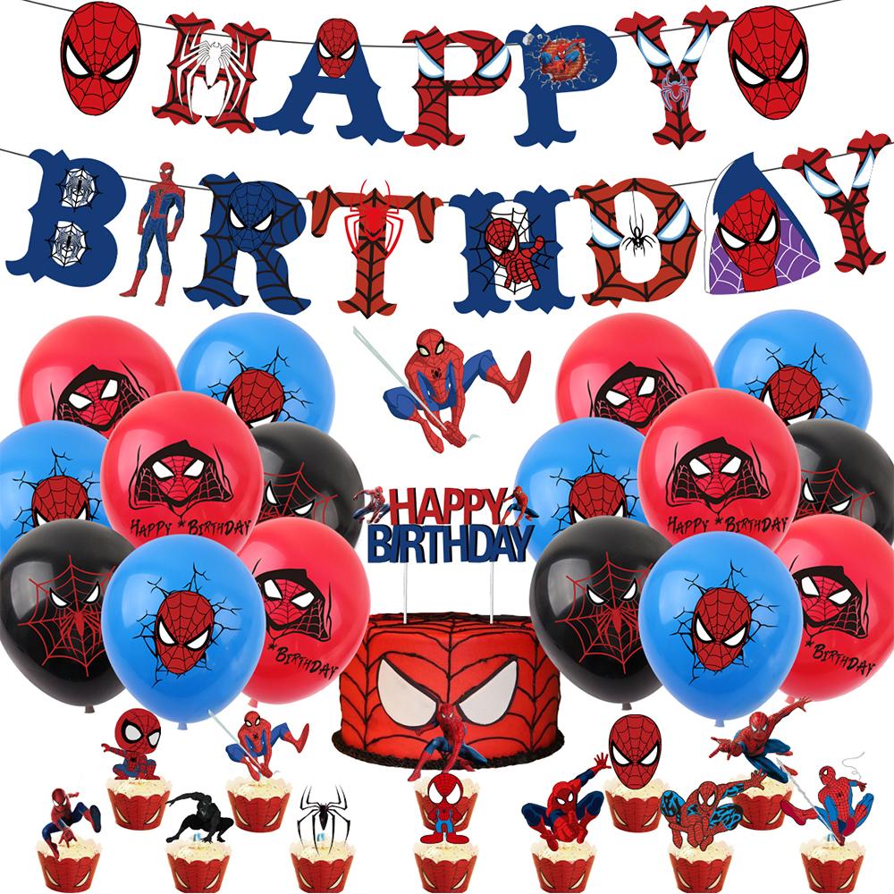 1 x Cartoon Spider-Man Themed Birthday Banner Set With Cake Toppers + Balloons