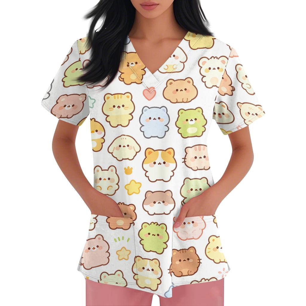 Women's V Neck Short Sleeve Work Top with Pockets Animal Print Medical Scrub Shirt for Caregivers Nurse Uniform