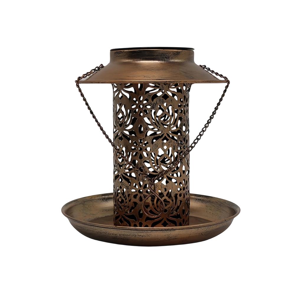 Solar Powered Bird Feeder With Lights, Antique Copper Decorative Cutout Hanging Bird Feeder For Outdoor Garden Yard
