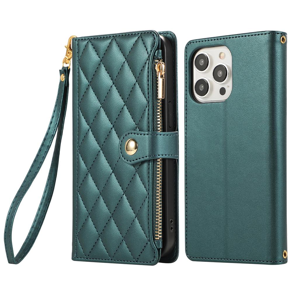 For iPhone 15 Pro Case Multi Card Slots Zipper Rhombus Leather Phone Cover with Wrist Strap