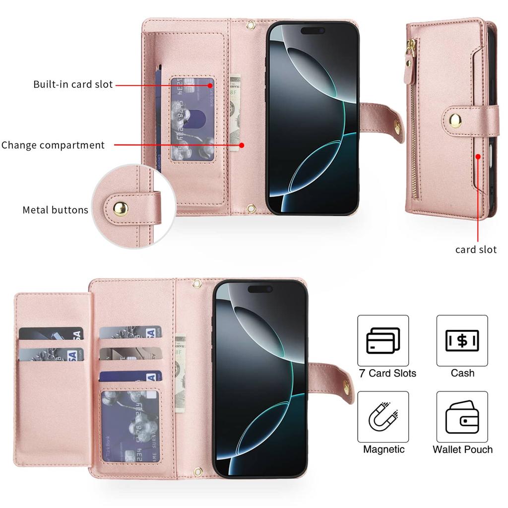 Flip Wallet Case for iPhone 16e/16/15 Pro Max/16 15 Plus, Zipper Pocket Cover with Card Holder Slots, Magnetic Closure, Lanyard