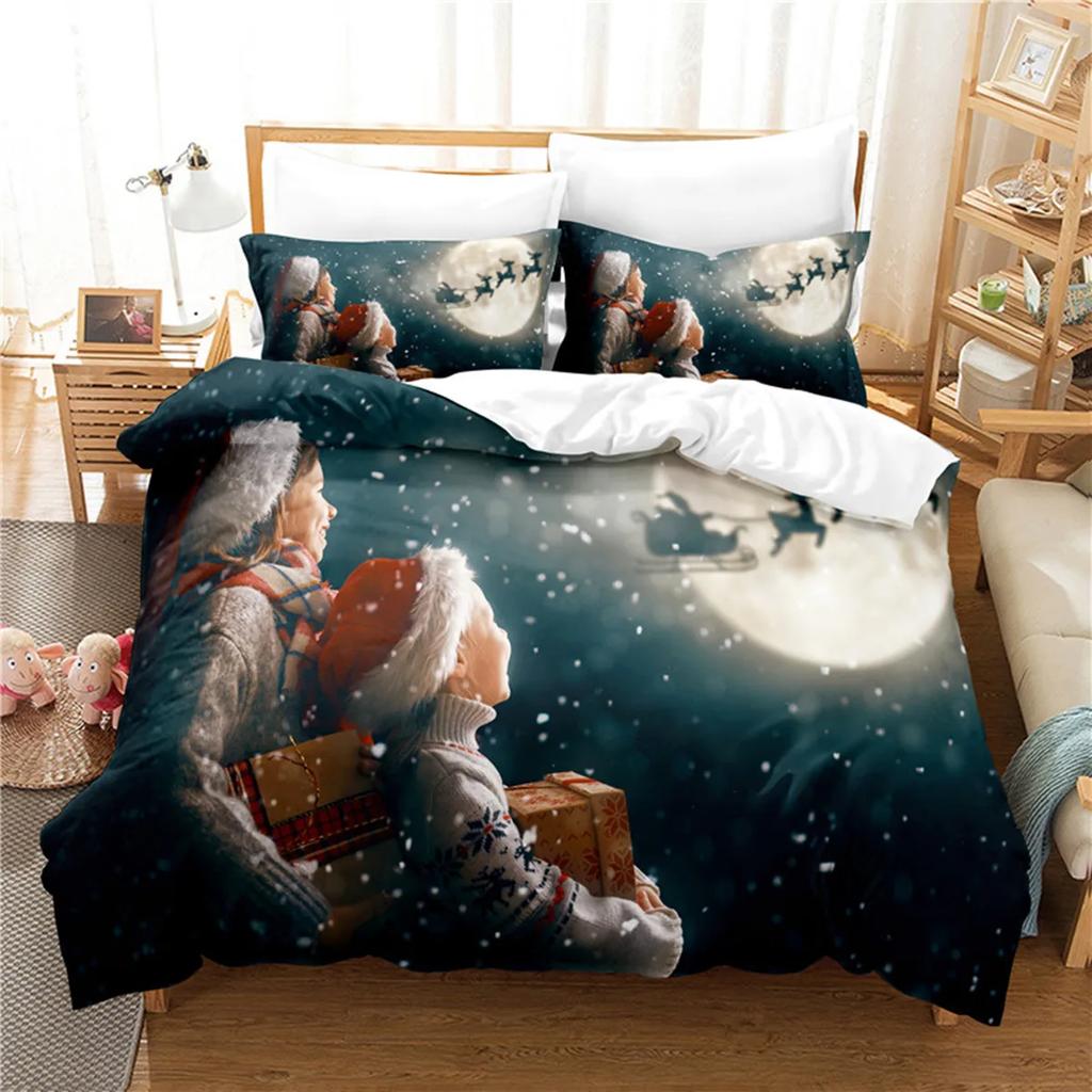 Christmas Elk Santa Claus Duvet Cover Celebrate Merry Christmas And Happy New Year For Kids Boys Girls Holiday Room Decor Gifts