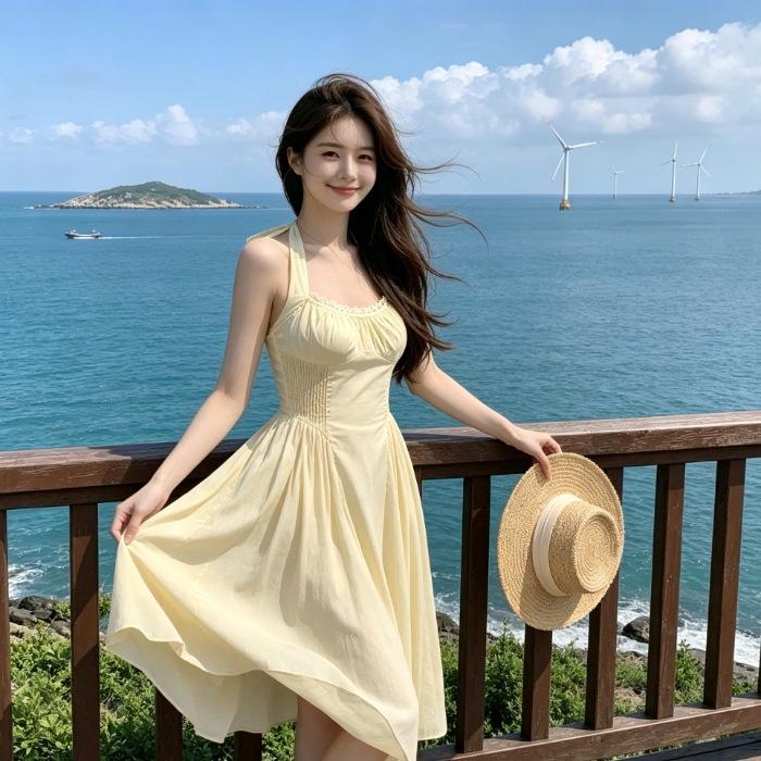 

Summer new French straps gentle dress bow holiday temperament sleeveless waist thin long dress skirt S