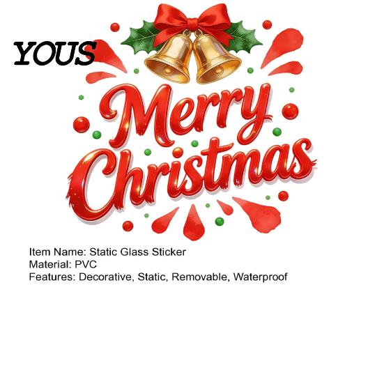 Christmas Party Decorations Merry Static Glass Sticker, Window Decals with Bell PVC Clings Elements, Removable for Home Store Holiday Festive Mirror