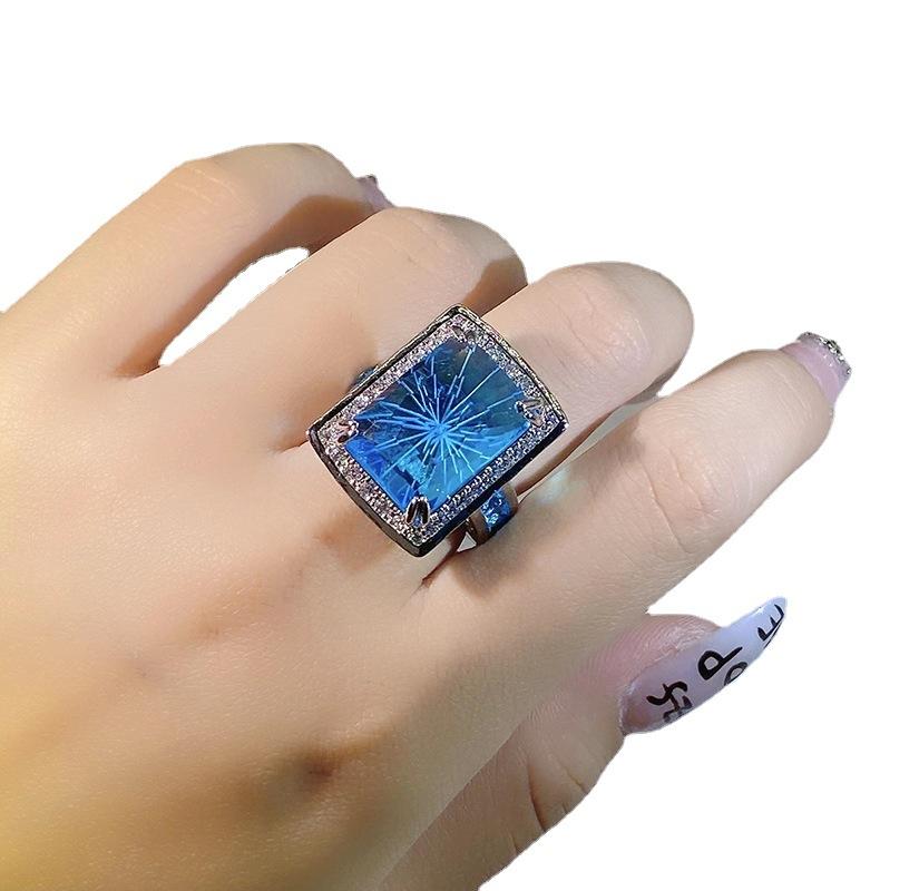 Temperament Sea Blue Zircon Full Diamond Color Treasure Opening Ring Female  Stamp Fashion Wedding Party Jewelry Gift