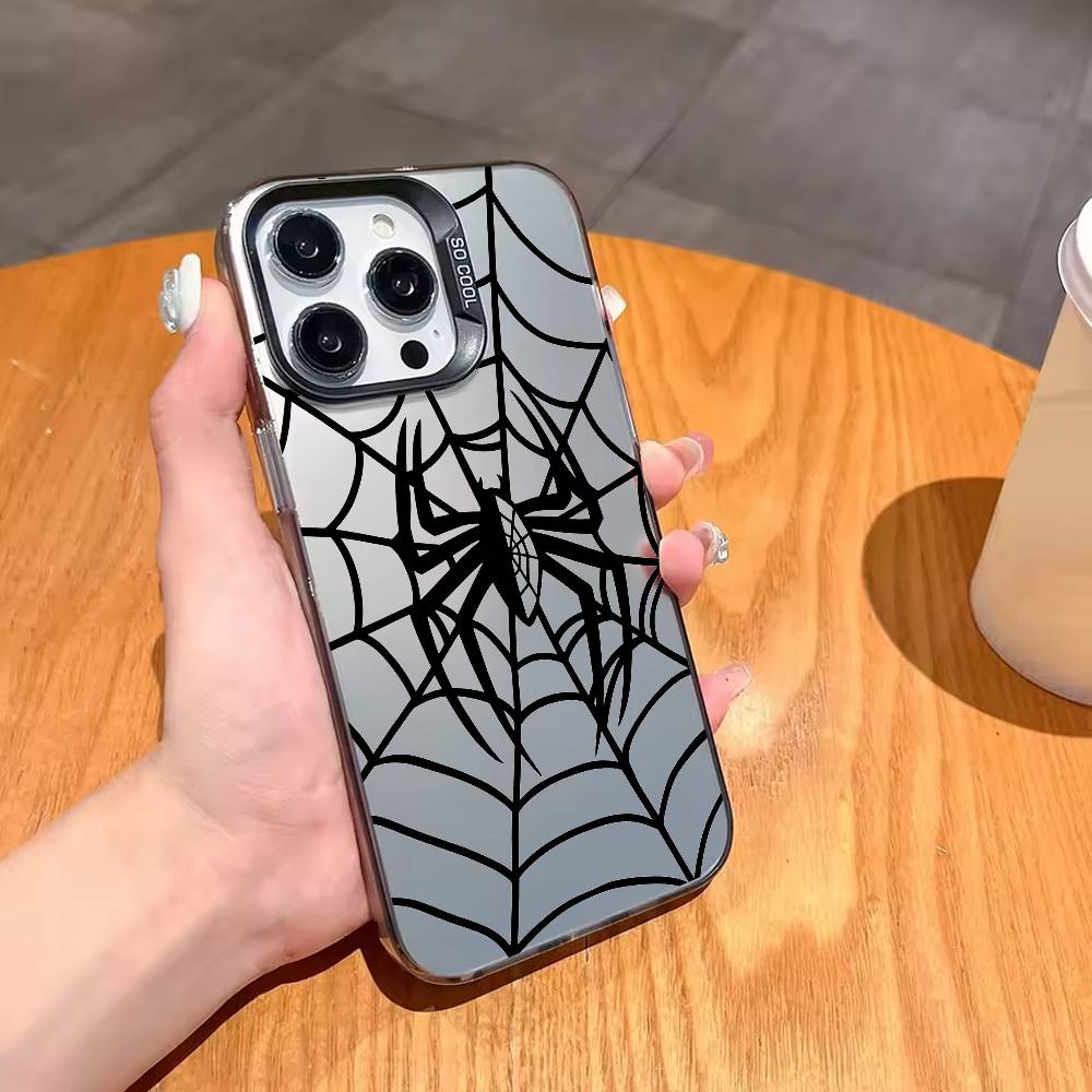 Gothic Spider Web Print Phone Case For iPhone17,16,15,14,13,12,11 Plus,Pro Max Black Border Silver Plated Cover