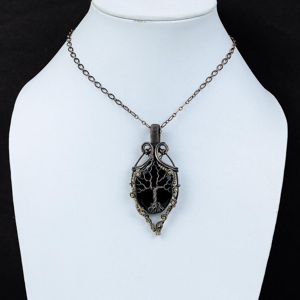 Tree Of Life Black Onyx Gemstone Pure Copper Wire Wrapped Handmade Pendant Jewelry