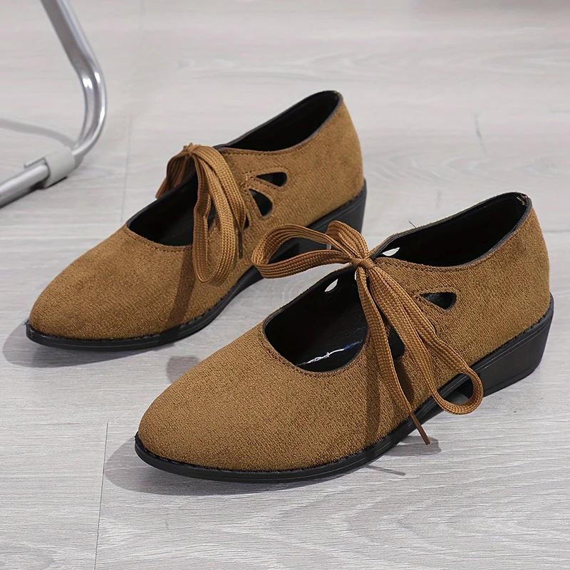 Fashion 2025 Vintage Lace Up Thick Heels Pumps Women Shoes 2025 Spring Pointed Toe Mary Jane Shoes Woman Plus Size Faux Suede Pumps 43