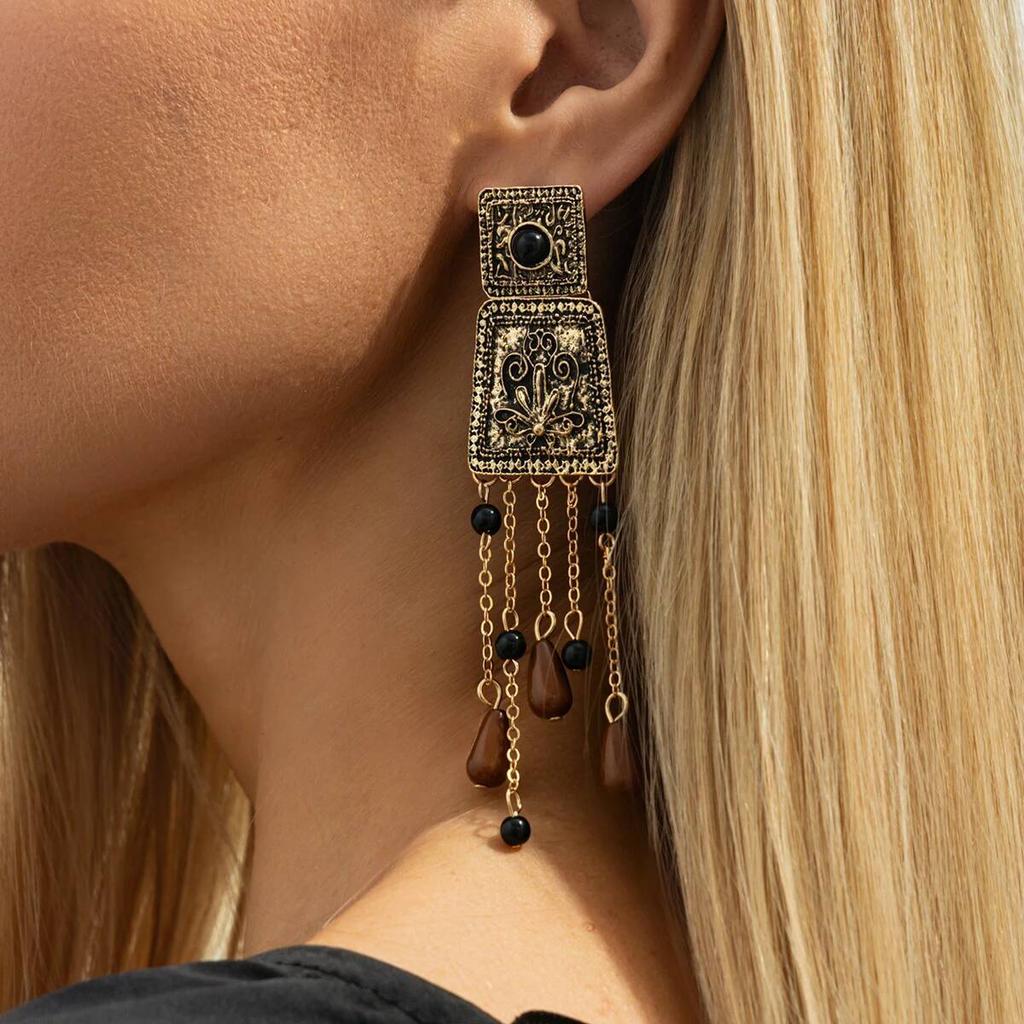 IngeSight.Z Vintage Geometric Engraved Flower Tassel Drop Earring Woman 2026 Trendy Charm Square Metal Pendant Earring Jewelry