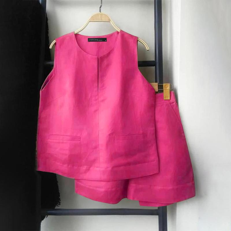 

ZANZEA Женские летние жилеты без рукавов с круглым вырезом, комплекты шорт с карманами M