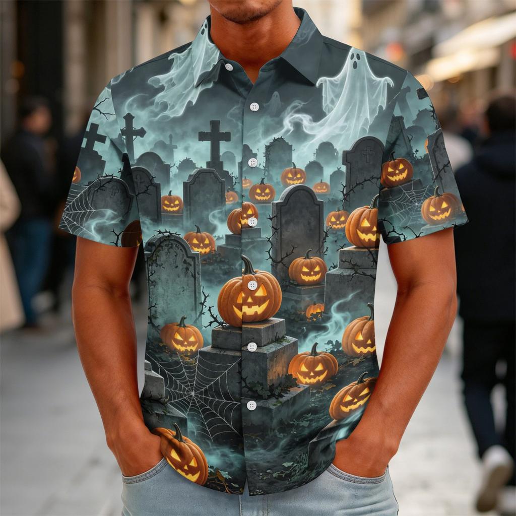 Men's Halloween Print Vintage Button Down Cardigan Shirt - Loose Fit Breathable Summer Casual Streetwear Top