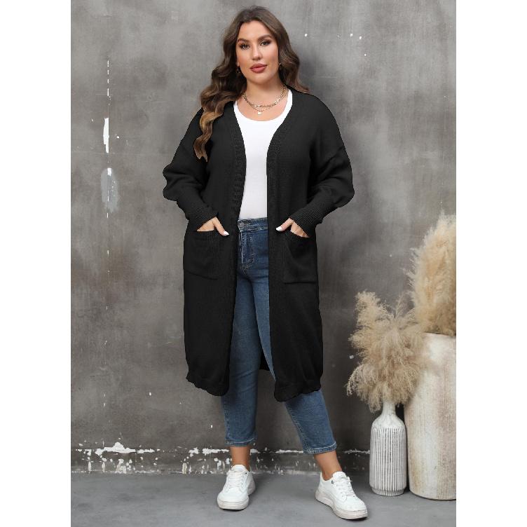 

Женский свободный вязаный свитер средней длины с двойными карманами и рукавами-фонариками, кардиган 4XL чёрный