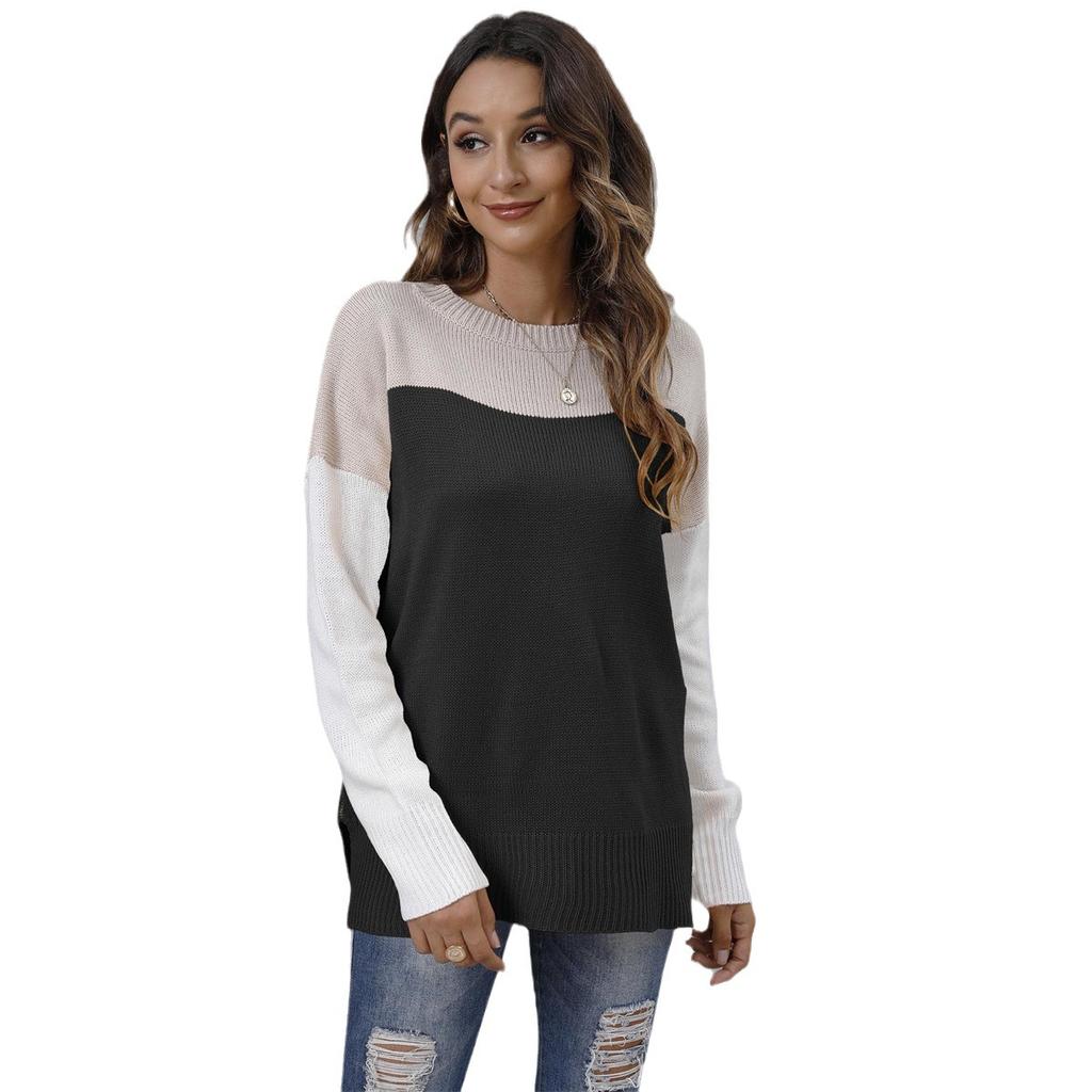 T-shirt Women's Pullover Knitted Sweater Cross-border European and American Women's Clothing Autumn and Winter New Sweaters Contrasting Colors Splici