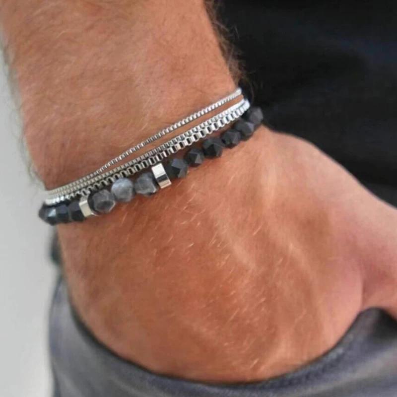 

4Pcs/Set Stainless Steel Adjustable Box Chain Bracelets for Men Simple Vintage Silver Color Cuban Bangle Sets Party Jewelry Gift чорний