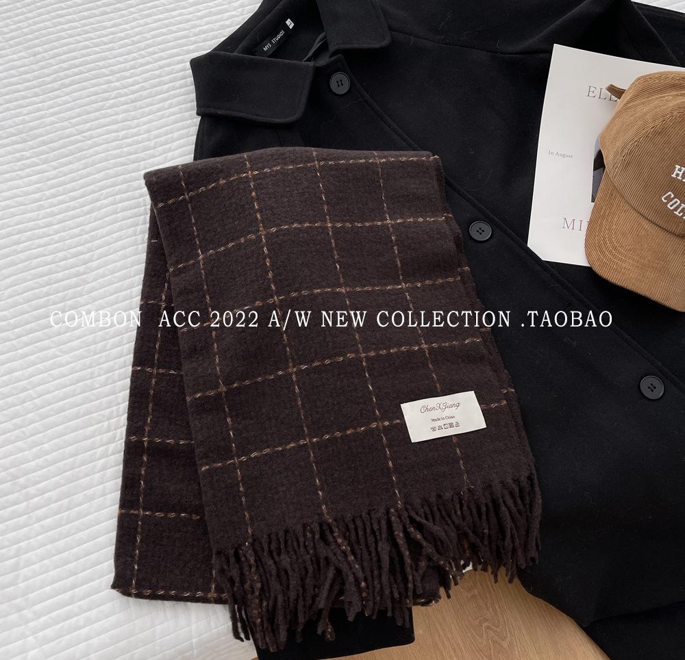 Plaid Imitation Cashmere Scarf Women's Winter New High-end Versatile Shawl Student Warm Scarf White