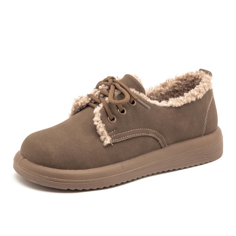 New Genuine Leather Shoes for Women Lace-up Platform Casual Shoes Winter Plush Flat Heel Women's Boots Zapatos De Mujer WSH5236