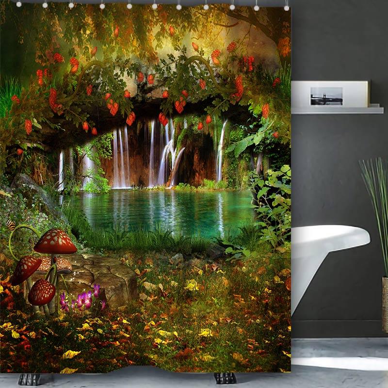 Beautiful Waterfall Bathing Curtain  Bathroom Shower Curtain Waterproof With 12 Hooks Home Deco Free Ship