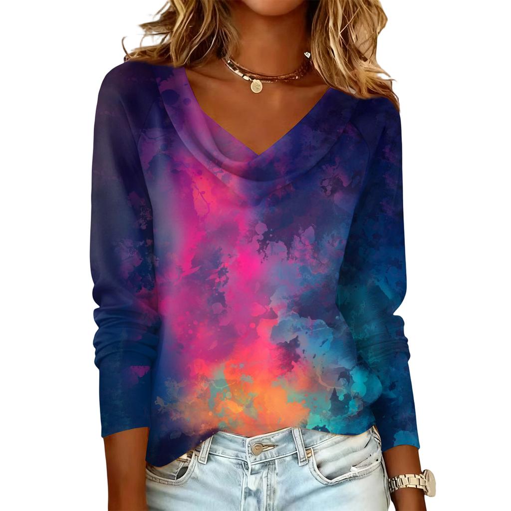 Damen lässiges Mode-Pulloveroberteil mit Langarm, kreuzgefärbt und bedruckt