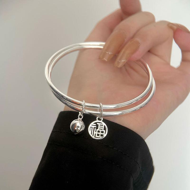 Fu Character Double Ring Bracelet With Bell Ins Style Good Luck Korean Style Bangle For Women Girls Charm Jewelry Gift