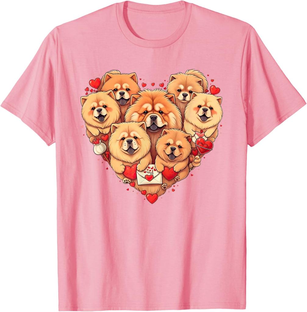 Chow Chow Heart Valentine Dogs Graphic Tee Short Sleeve Crewneck Casual Cotton T-Shirt for Men Women