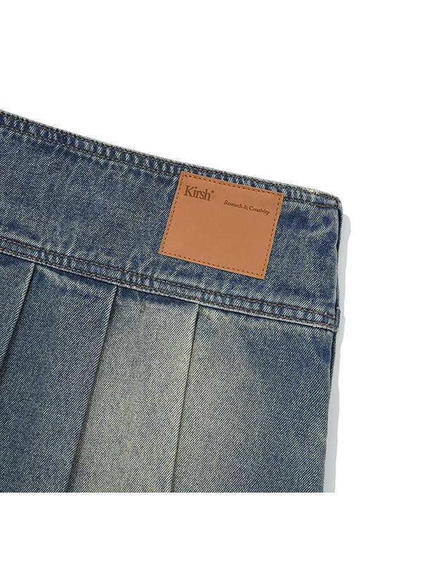 Kirsh Low-Waisted Asymmetrical Denim Pleated Mini Skirt [Blue]