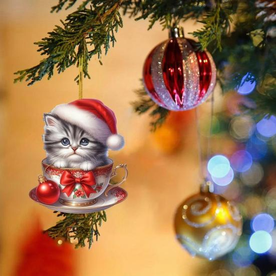 Acrylic Teacup Cat Hanging Ornaments Cute Cartoon Cat Christmas Ornament 2D