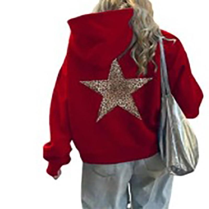 Mode Einfacher Leopardenmuster Fünfzackiger Stern Kapuzenpullover Lässig Locker Kängurutasche Kordelzug Pullover Oberteile