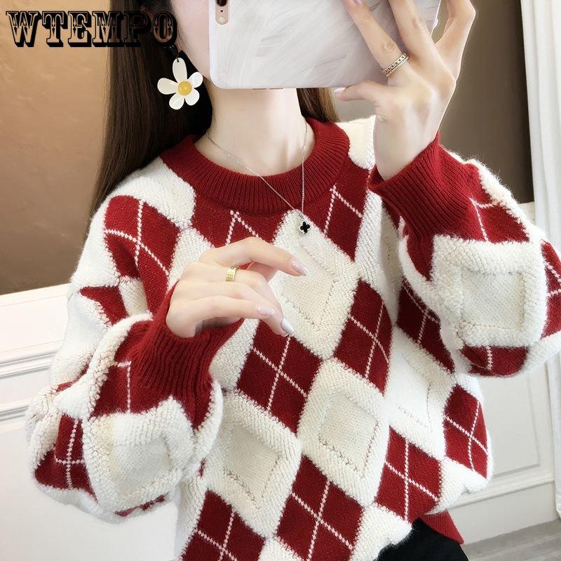 

Зимний свитер с бриллиантами, женский фиолетовый, осенне-зимняя одежда, красная вязаная рубашка со свободной нижней частью, универсальный мягкий повседневный пуловер