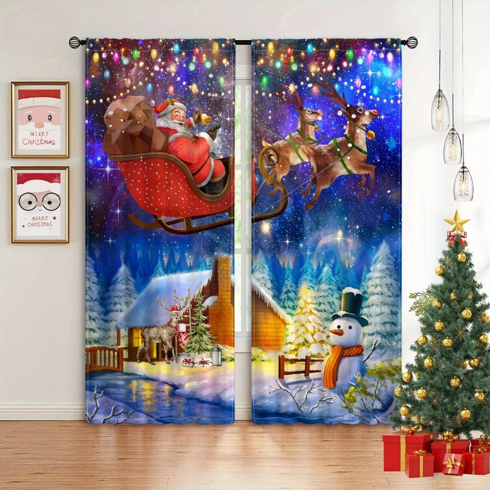 2 Panels Xmas Snow Father Christmas Claus Drape Panels Semi-Light Block Drape Ideal for Bedroom Living Room Window Kitchen Office Home Decoration