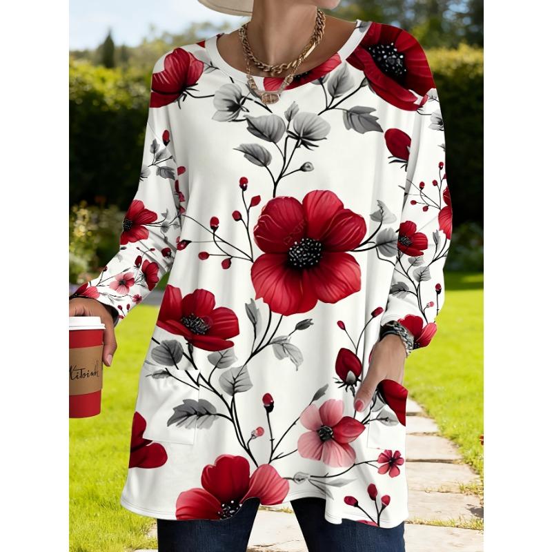Women s plus size loose fit women s top with pockets in spring floral print. S