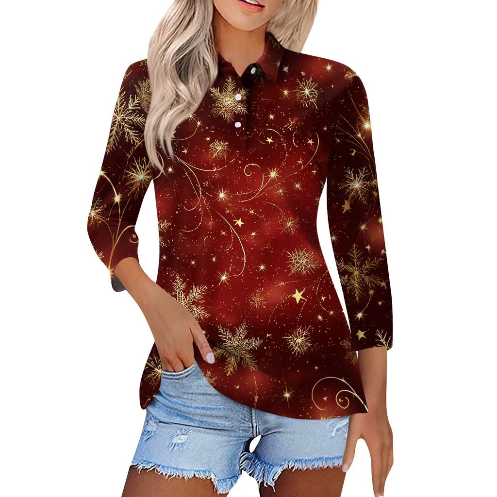 Mote dame casual revers kort 3/4 ermet juleprint skjorte dame knapp opp topper