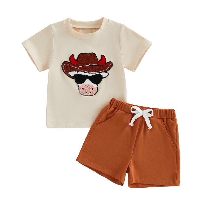 

Baby Boys Summer Casual Outfit Western Cattle Embroidered Crew Neck Short Sleeve Tops and Shorts 2 Pcs Sets 110 коричневый