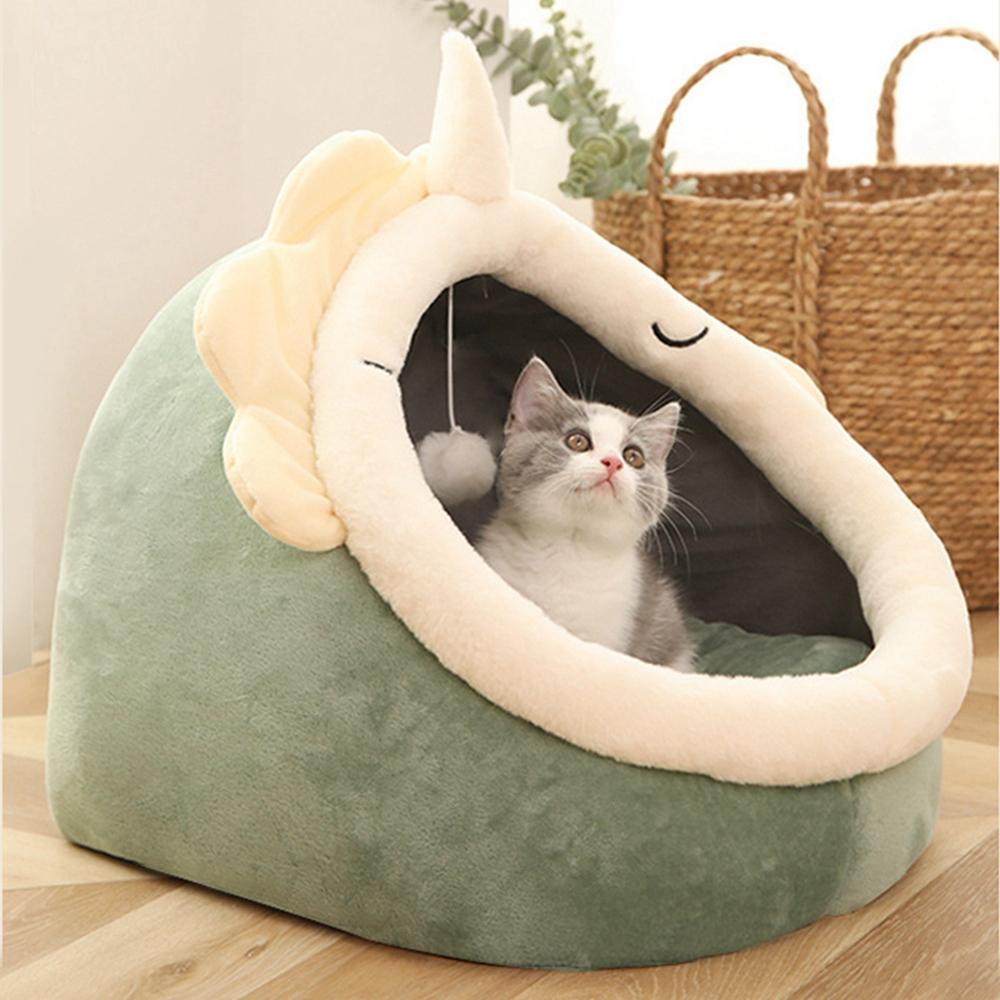 Cat Bed Cave with Removable Washable Cushioned Pillow Mat ang Hanging Ball Toy Soft Plush Cotton Pet Bed Non-Slip Cat House Tent