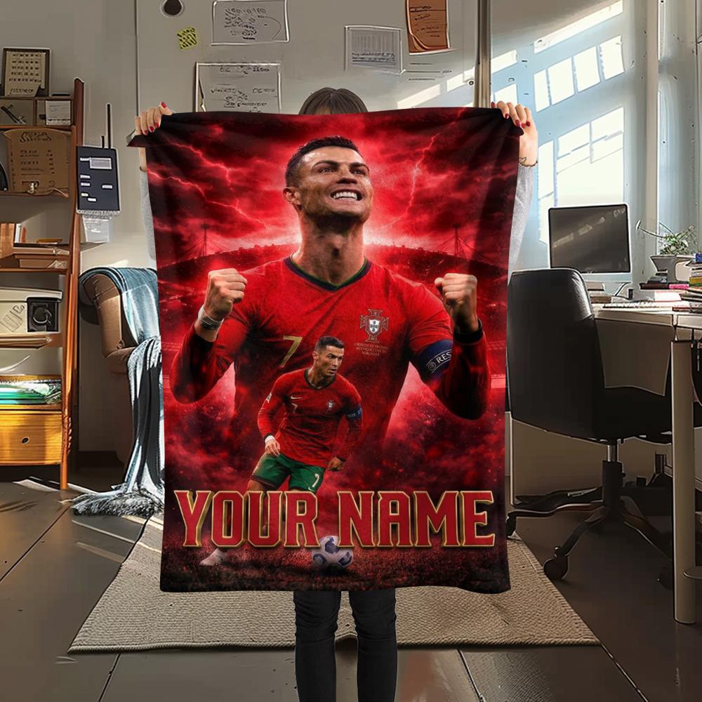 1PC Custom Name Cristiano Ronaldo Patterned Flannel Blanket Suitable For All Seasons for Home Decor Warmth and Comfort Gifts Holiday Present