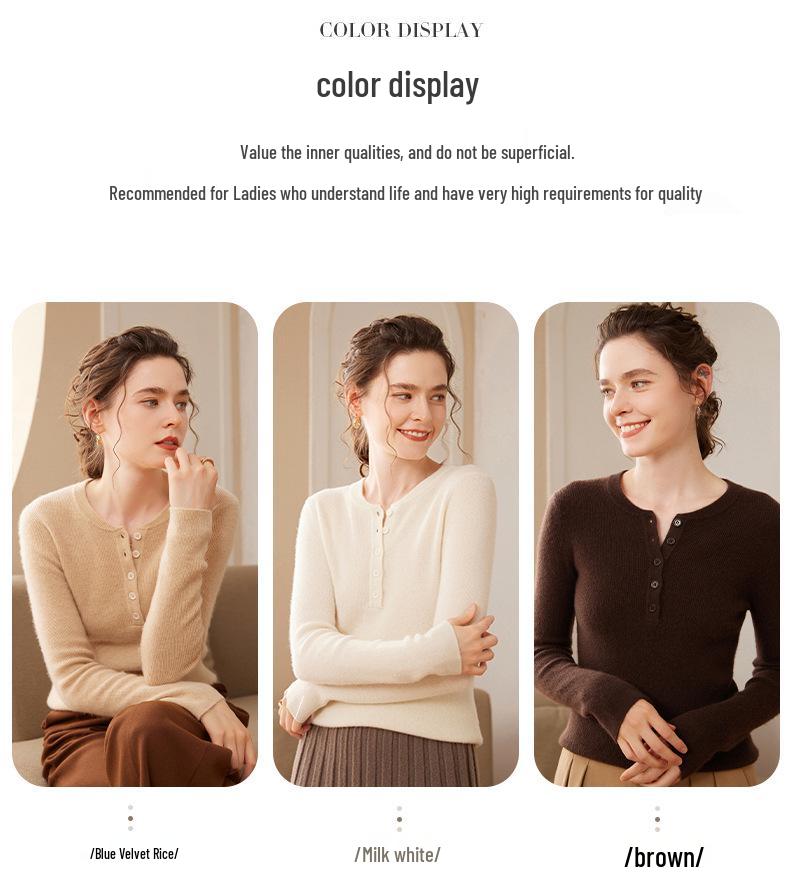 Women's Cashmere Knit Slimming Sweater: French Style, Button-Up, Half-Open Collar, Long Sleeve, Round Neck, Warm Base Layer for Autumn/Winter.