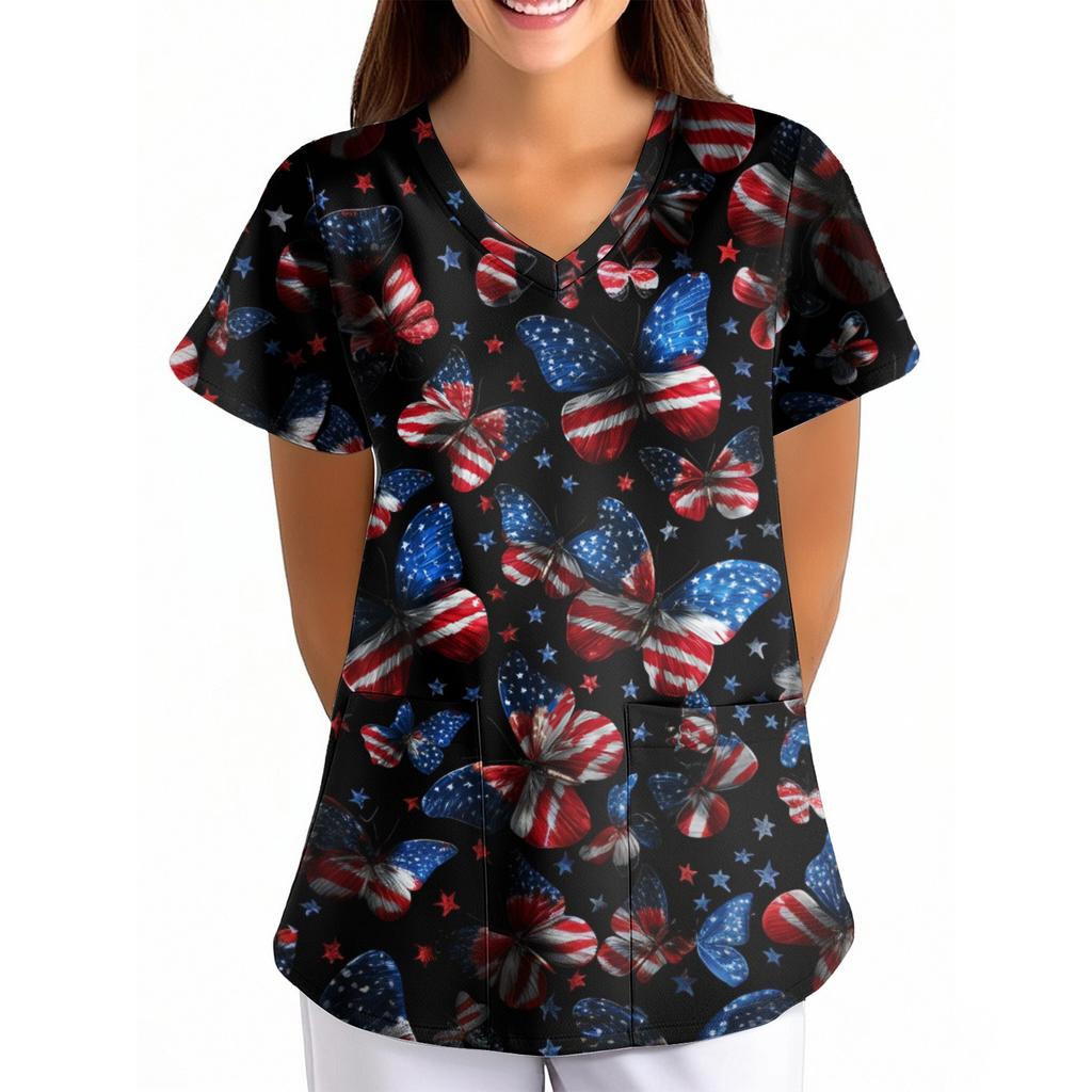 Women's Independence Day Printed Loose V-Neck Pocket Short-Sleeve Caregiver/Uniform