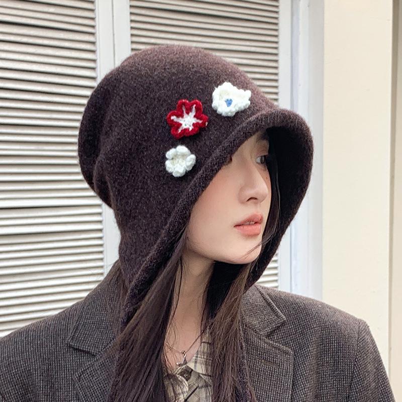 Autumn and Winter Flower Knitted Bucket Hat New Hat Female Cute Basin Hat Casual Bucket Hat