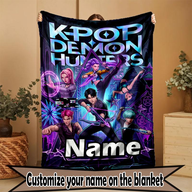 Custom Name Personalized Kpop Demon Hunter Print Blanket, Home Decor, Bedroom, Sofa, Camping, Couch, Gifts for Birthday Christmas