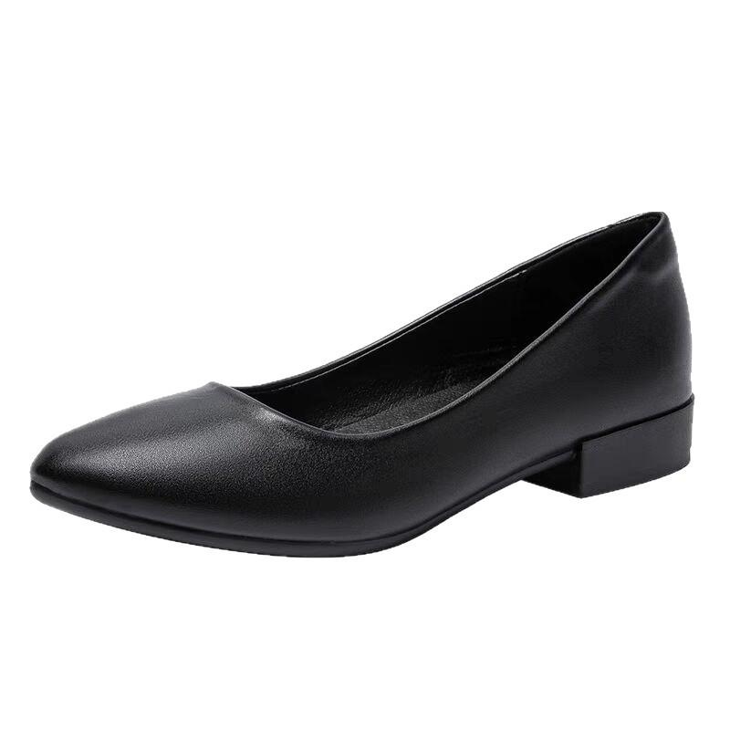 Work shoes women's black flat-soled leather shoes flight attendant hotel work single shoes spring soft sole shallow mouth career interview not 