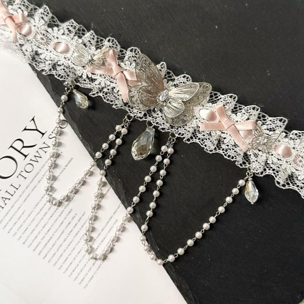Lolita Lace Bow Choker Pearl Tassel Butterfly Necklace Rhinestone Pendant Necklace  Music Festival