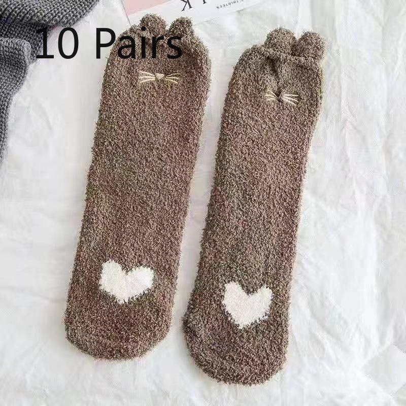10 Pairs of Ladies Autumn Winter Thickened Warm Cat PAWS Stereo Small Ears Coral Wool Home Floor Socks