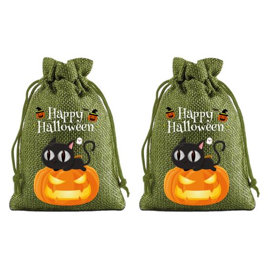 Handmade Style Party Bags 2Pcs Halloween Pumpkin Drawstring for Candy Treats, Retro Burlap Festival Totes Trick or Treat Bags, Portable Goodie
