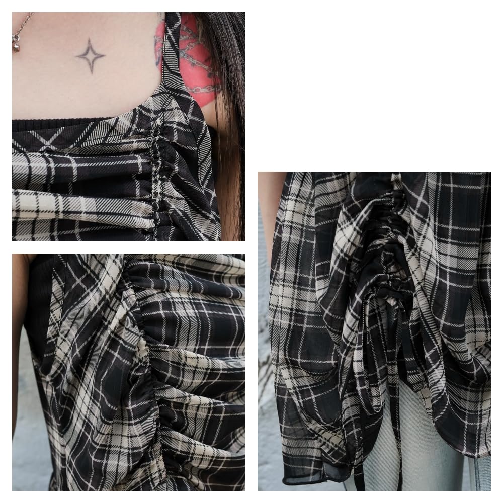 WEGO Drawstring Cami Size Black Check Women's Dress, Girly, Fall/Winter, F,