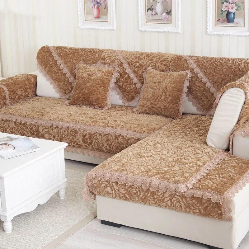 High End European Rose Flannel Sofa Winter Thickened Anti Slip Sofa Cover