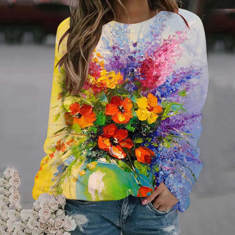 Oil painting flower pattern 3D printing sports shirt women's long sleeved shirt