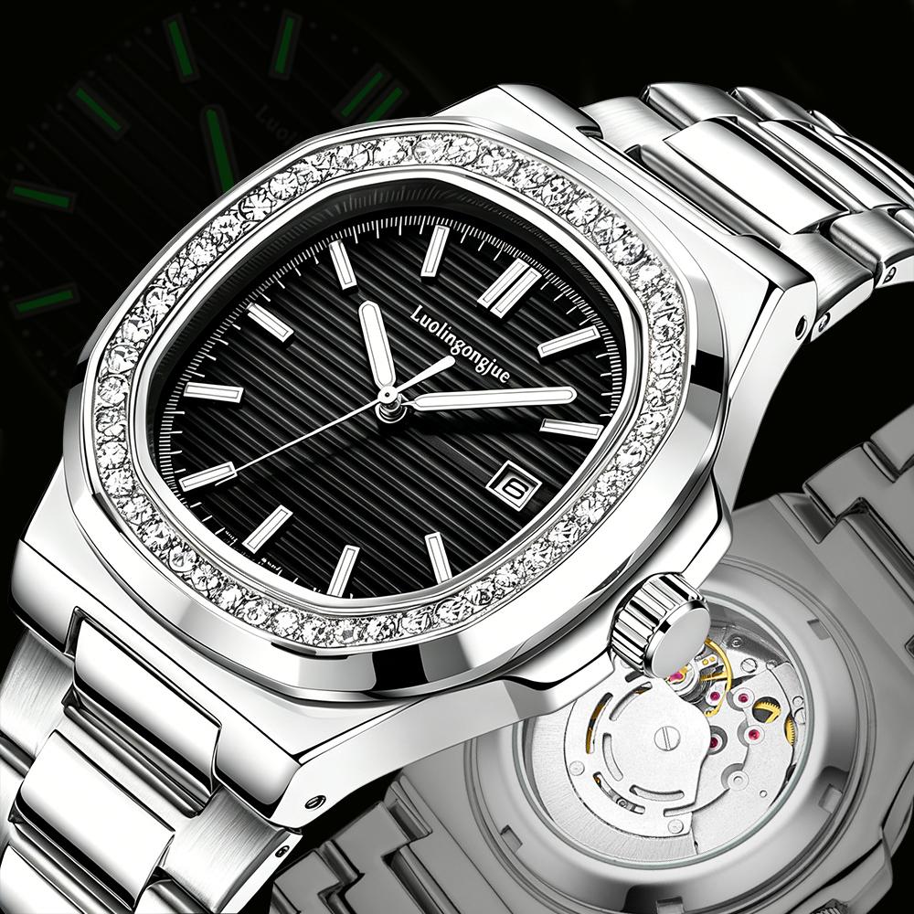 Rhinestone Bezel Automatic Mens Watches Luxury Men Fashion Clock Waterproof Stainless Steel Mechanical Wrist Watch